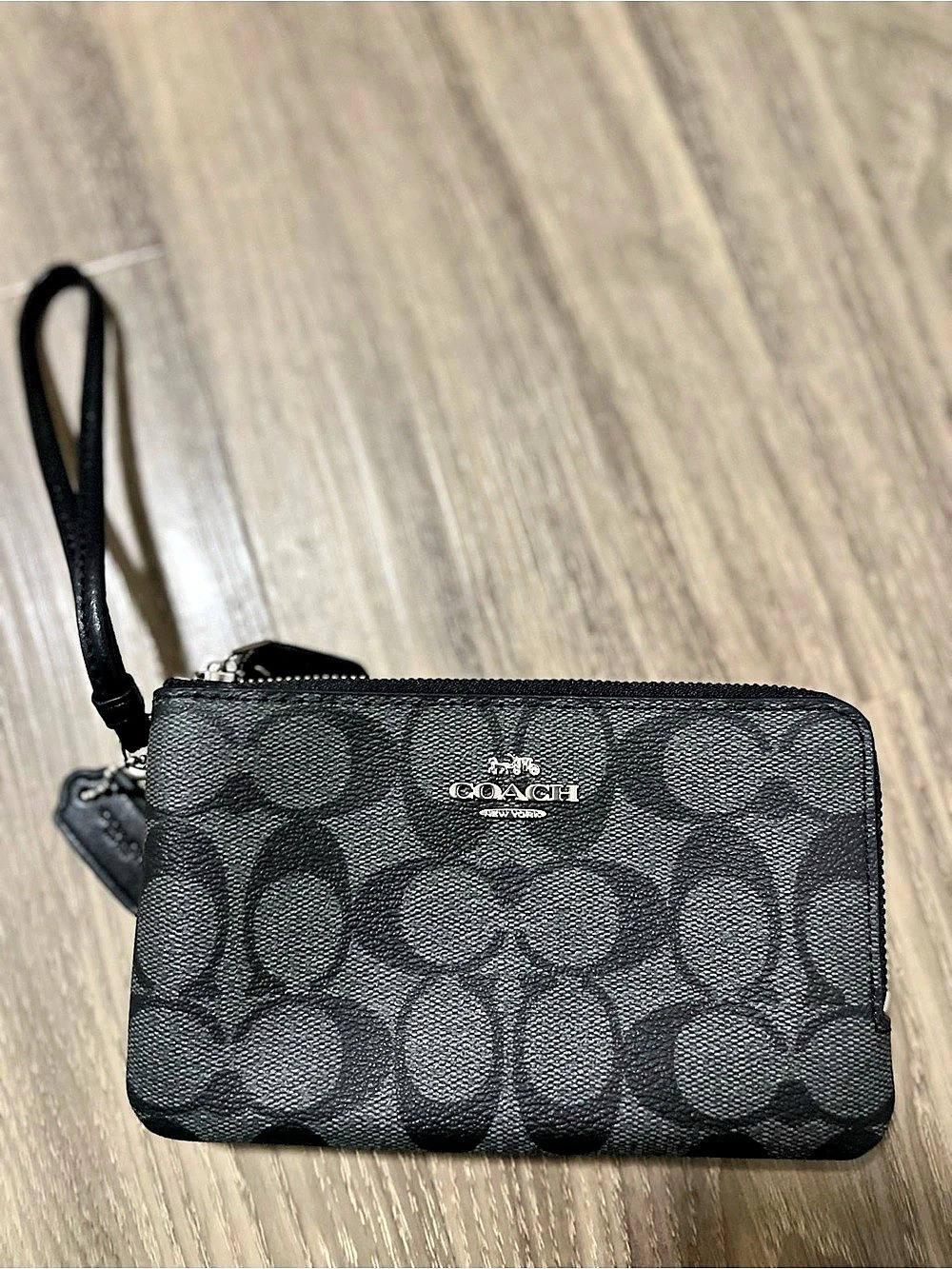 Coach Double Corner Zip Wristlet In Signature Canvas Black Signature Canvas